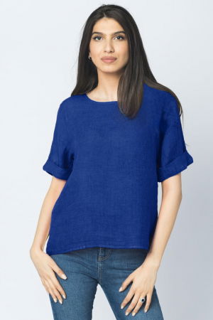 Bluze din In - Bluza din in albastru electric cu nasturi pe spate