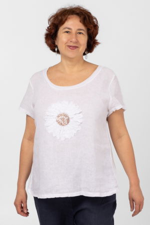 Bluza din in alba, cu floare si paiete pe piept [1]