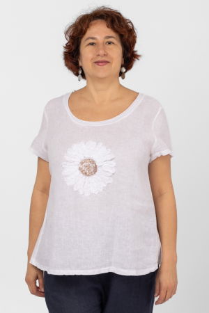 Bluze din In - Bluza din in alba, cu floare si paiete pe piept