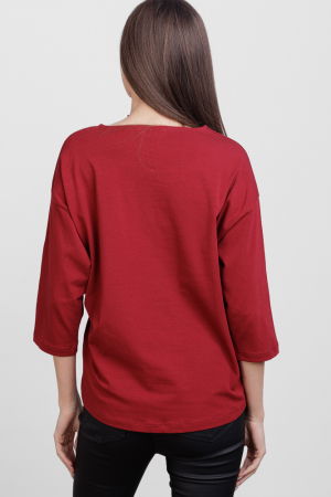 Tricou cu maneca 3/4 din tricot de bumbac cu snur la baza, bordo cu imprimeu floare stilizata [2]