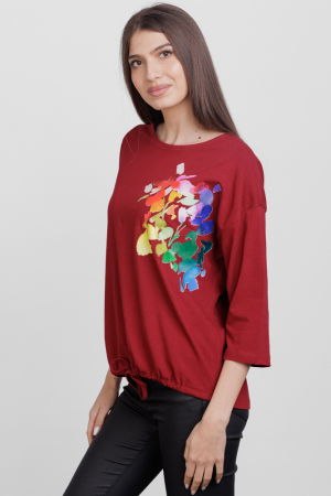 Tricou cu maneca 3/4 din tricot de bumbac cu snur la baza, bordo cu imprimeu floare stilizata [1]