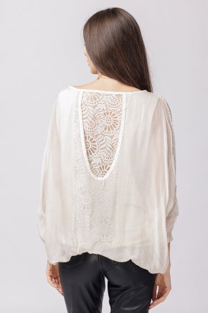 Bluza din matase si vascoza bleumarin brodata si dantela pe spate [5]