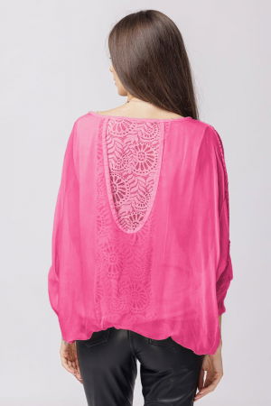 Bluza din matase si vascoza fucsia brodata si dantela pe spate [1]