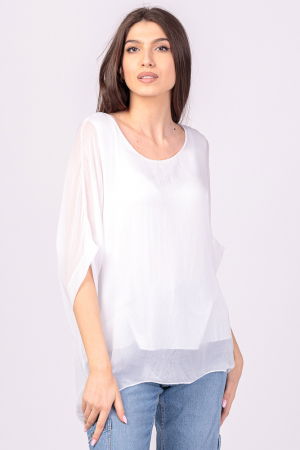 MĂSURI MARI - Bluza din matase si vascoza alba, cu funda pe spate