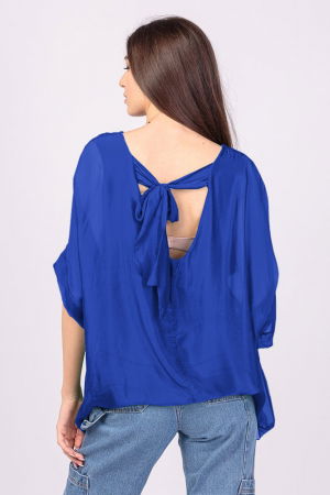 Bluza din matase si vascoza albastra, cu funda pe spate [2]