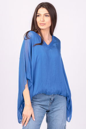 Bluze din Mătase si Vâscoză - Bluza din matase si vascoza albastra, cu decolteu in V in fata si pe spate