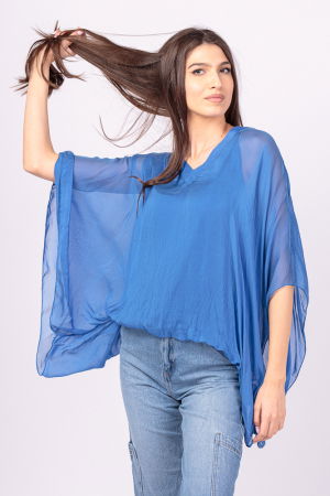 Bluza din matase si vascoza albastra, cu decolteu in V in fata si pe spate [3]