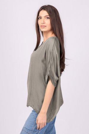 Bluza din matase si vascoza bej inchis, cu funda pe spate [1]