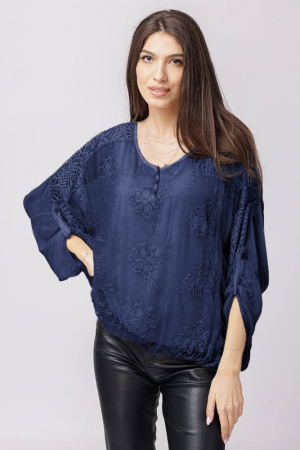Bluze din Mătase si Vâscoză - Bluza din matase si vascoza bleumarin brodata si dantela pe spate