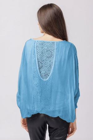 Bluza din matase si vascoza albastru jeans brodata si dantela pe spate si nasturei [1]
