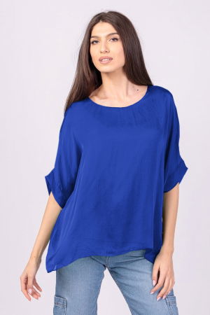 ÎMBRĂCĂMINTE - Bluza din matase si vascoza albastra, cu funda pe spate