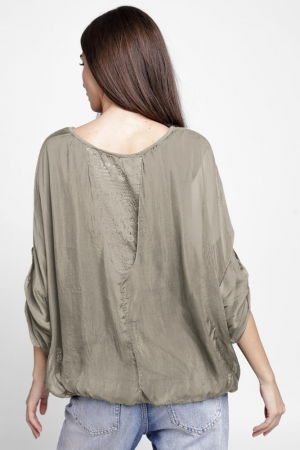 Bluza din matase si vascoza brodata, cu dantela pe spate, bej inchis [2]