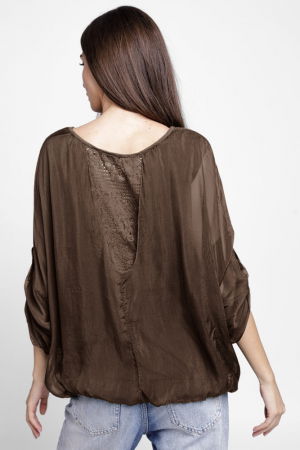 Bluza din matase si vascoza brodata, cu dantela pe spate, maro [2]