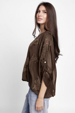 Bluza din matase si vascoza brodata, cu dantela pe spate, maro [1]