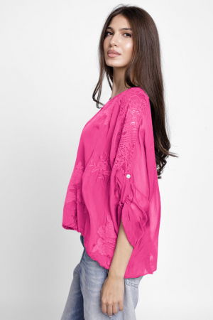 Bluza din matase si vascoza brodata, cu dantela pe spate, fucsia [1]