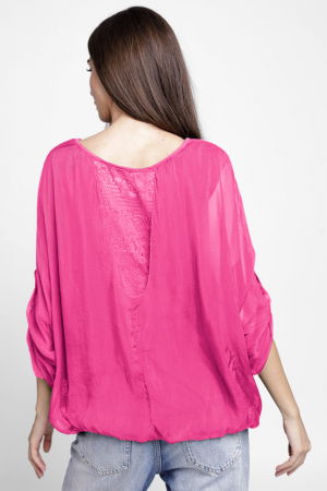 Bluza din matase si vascoza brodata, cu dantela pe spate, fucsia [2]