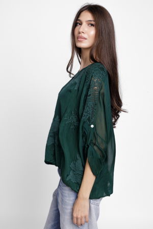 Bluza din matase si vascoza brodata, cu dantela pe spate, verde inchis [1]