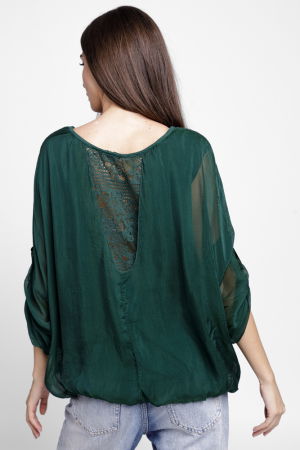 Bluza din matase si vascoza brodata, cu dantela pe spate, verde inchis [2]