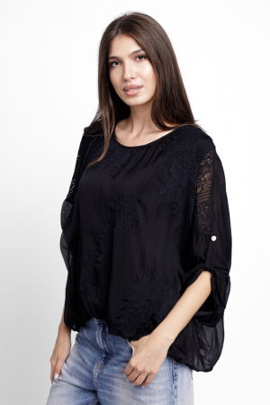 Bluze din Mătase si Vâscoză - Bluza din matase si vascoza brodata, cu dantela pe spate, neagra