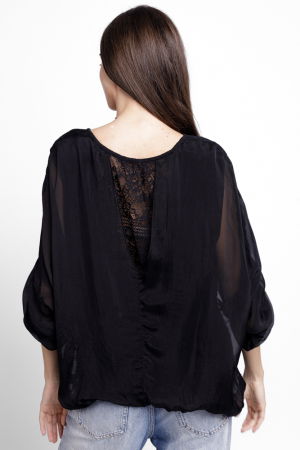 Bluza din matase si vascoza brodata, cu dantela pe spate, neagra [2]