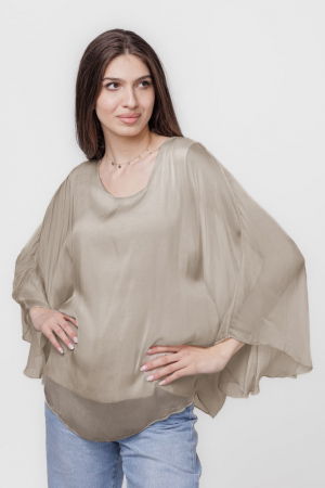 Bluza din matase si vascoza cu maneca clopot, bej inchis [1]