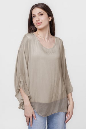 Bluze din Mătase si Vâscoză - Bluza din matase si vascoza cu maneca clopot, bej inchis