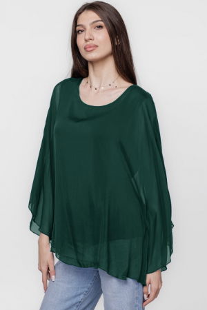 Bluza din matase si vascoza cu maneca clopot, verde inchis [1]