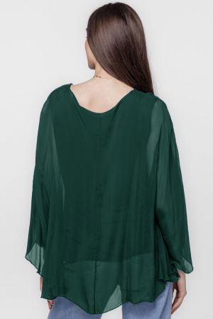 Bluza din matase si vascoza cu maneca clopot, verde inchis [2]