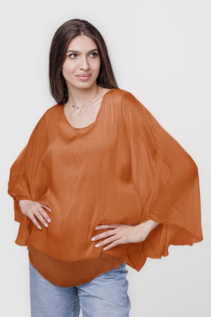 Bluza din matase si vascoza cu maneca evazata si dublura, caramiziu [1]