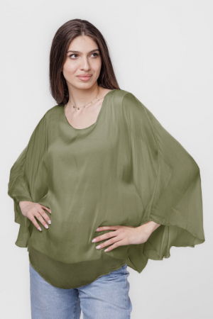 Bluza din matase si vascoza cu maneca evazata si dublura, kaki [1]