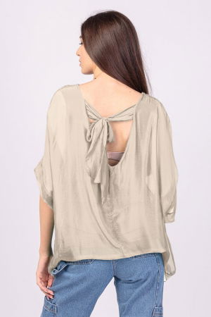 Bluza din matase si vascoza bej, cu funda pe spate [2]