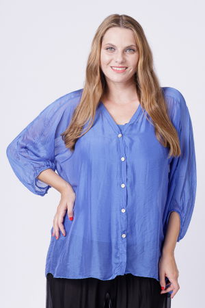 Bluza tip camasa din matase si vascoza albastru electric, cu elastic la maneci si dublura [1]