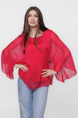 Bluza din matase si vascoza cu maneca clopot, fucsia inchis [2]