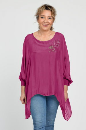 ÎMBRĂCĂMINTE - Bluza din matase si vascoza in colturi cu broderie cu paiete aurii mate, mov zmeura