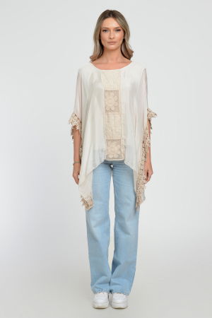 Bluza boho bej, din matase si vascoza, in colturi, cu insertie de broderie si tivita cu dantela macrame [1]