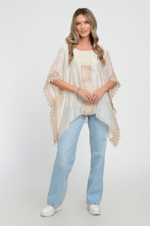 Bluza boho bej, din matase si vascoza, in colturi, cu insertie de broderie si tivita cu dantela macrame [6]