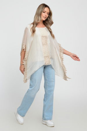 Bluza boho bej, din matase si vascoza, in colturi, cu insertie de broderie si tivita cu dantela macrame [4]