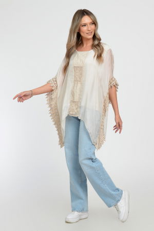 Bluza boho bej, din matase si vascoza, in colturi, cu insertie de broderie si tivita cu dantela macrame [7]