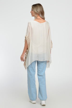 Bluza boho bej, din matase si vascoza, in colturi, cu insertie de broderie si tivita cu dantela macrame [8]