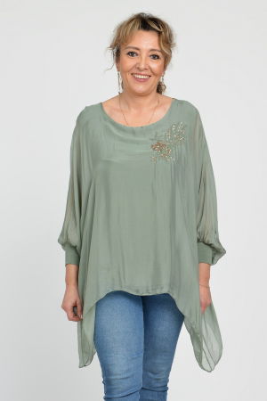 Bluze din Mătase si Vâscoză - Bluza din matase si vascoza in colturi cu broderie cu paiete aurii mate, kaki