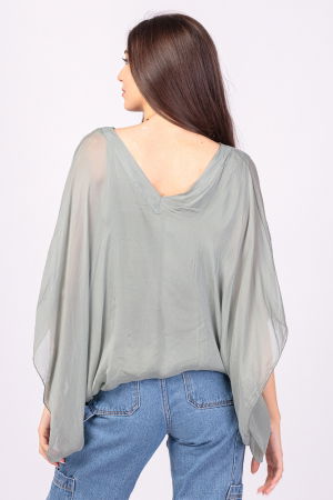 Bluza din matase si vascoza kaki, cu decolteu in V in fata si pe spate [3]