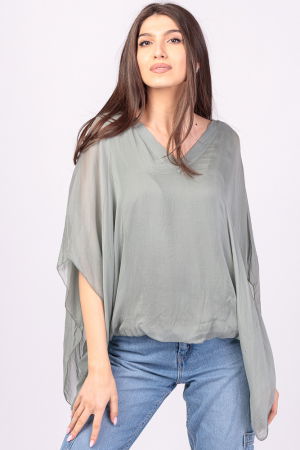 Bluza din matase si vascoza kaki, cu decolteu in V in fata si pe spate