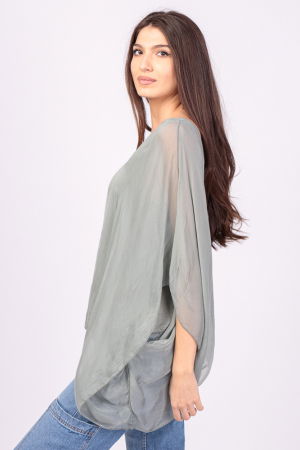 Bluza din matase si vascoza kaki, cu decolteu in V in fata si pe spate [2]