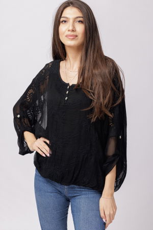 Bluze din Mătase si Vâscoză - Bluza din matase si vascoza neagra brodata si dantela pe spate