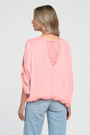 Bluza din matase si vascoza platca brodata, cu dantela pe maneci si pe spate, roz [2]