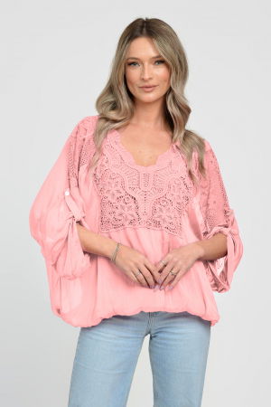 Bluze din Mătase si Vâscoză - Bluza din matase si vascoza platca brodata, cu dantela pe maneci si pe spate, roz