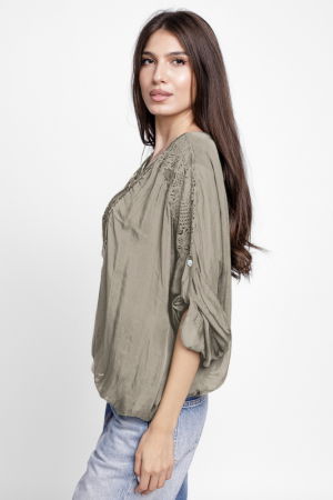 Bluza din matase si vascoza platca brodata, cu paiete fine si cu dantela pe spate, bej inchis [1]