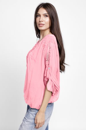 Bluza din matase si vascoza platca brodata, cu paiete fine si cu dantela pe spate, roz [1]