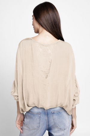 Bluza din matase si vascoza platca brodata, cu paiete fine si cu dantela pe spate, bej [2]
