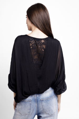 Bluza din matase si vascoza platca brodata, cu paiete fine si cu dantela pe spate, neagra [2]